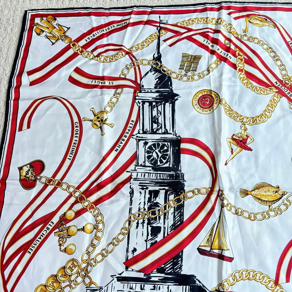 Silk scarf tourist souvenir red black white gold chain landmarks motif Europe
